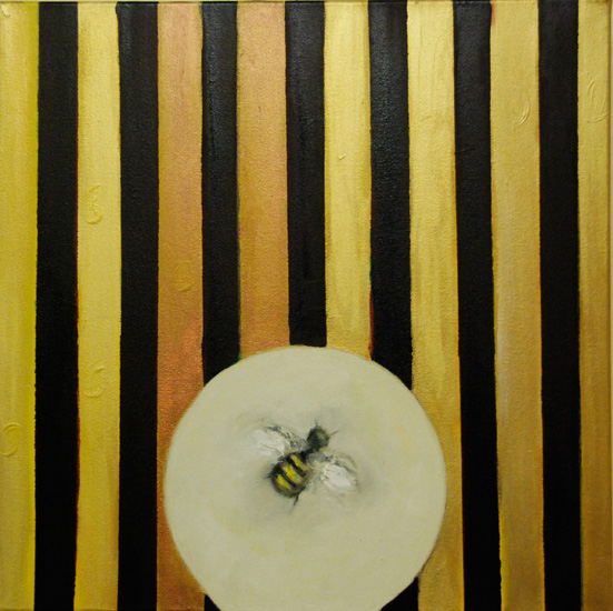 A bee encircled in stripes painted by N. Kembry 